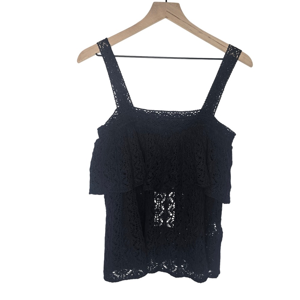 Zara Pointelle Knit Tiered Ruffle Tank Top Women S Black‎ Crochet Boho